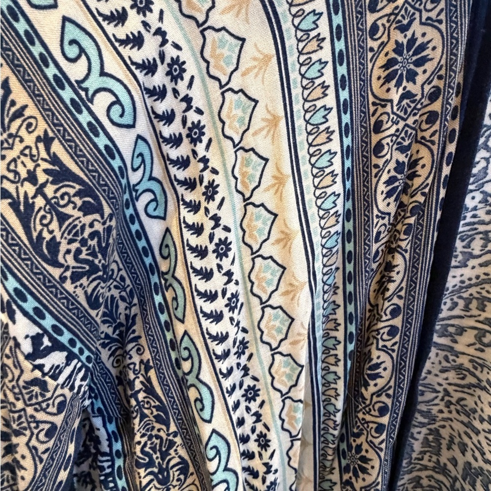 One size Anthropologie roffe kimono cardigan top blue white print paisley tassle - Picture 7 of 9